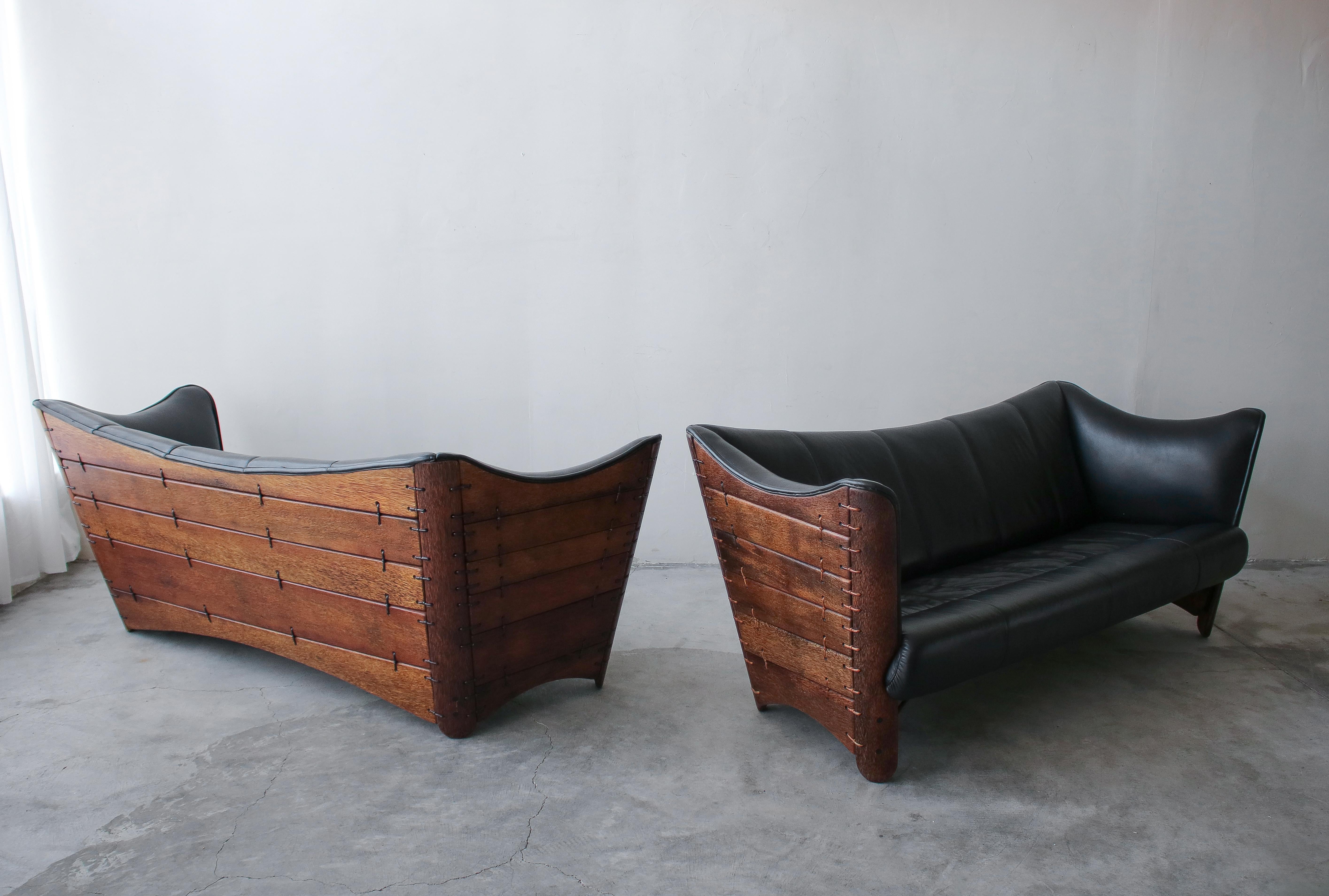 Bohemian Pair of Pacific Green Palmwood and Leather Cayenne Sofas