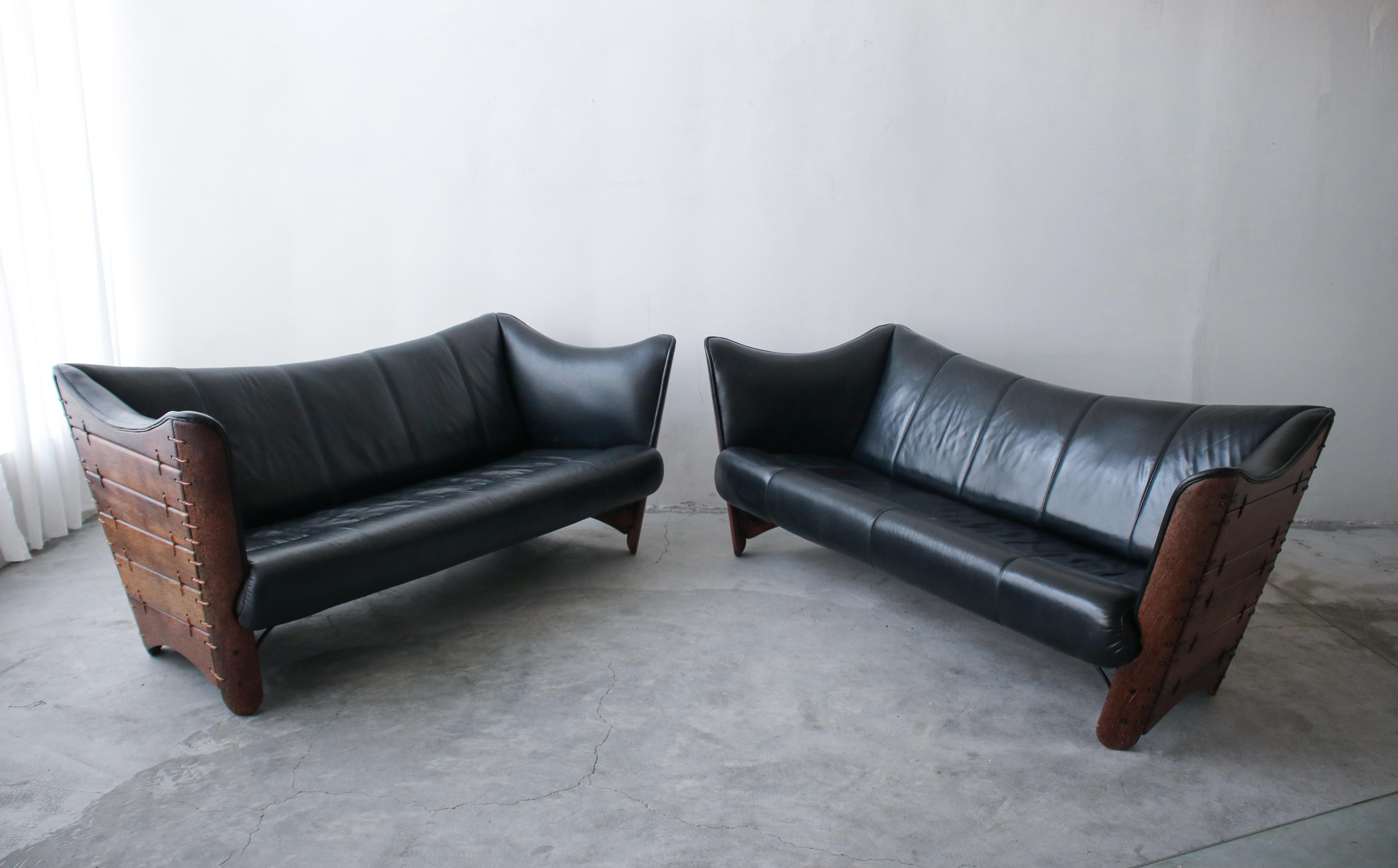 Pair of Pacific Green Palmwood and Leather Cayenne Sofas In Good Condition In Las Vegas, NV