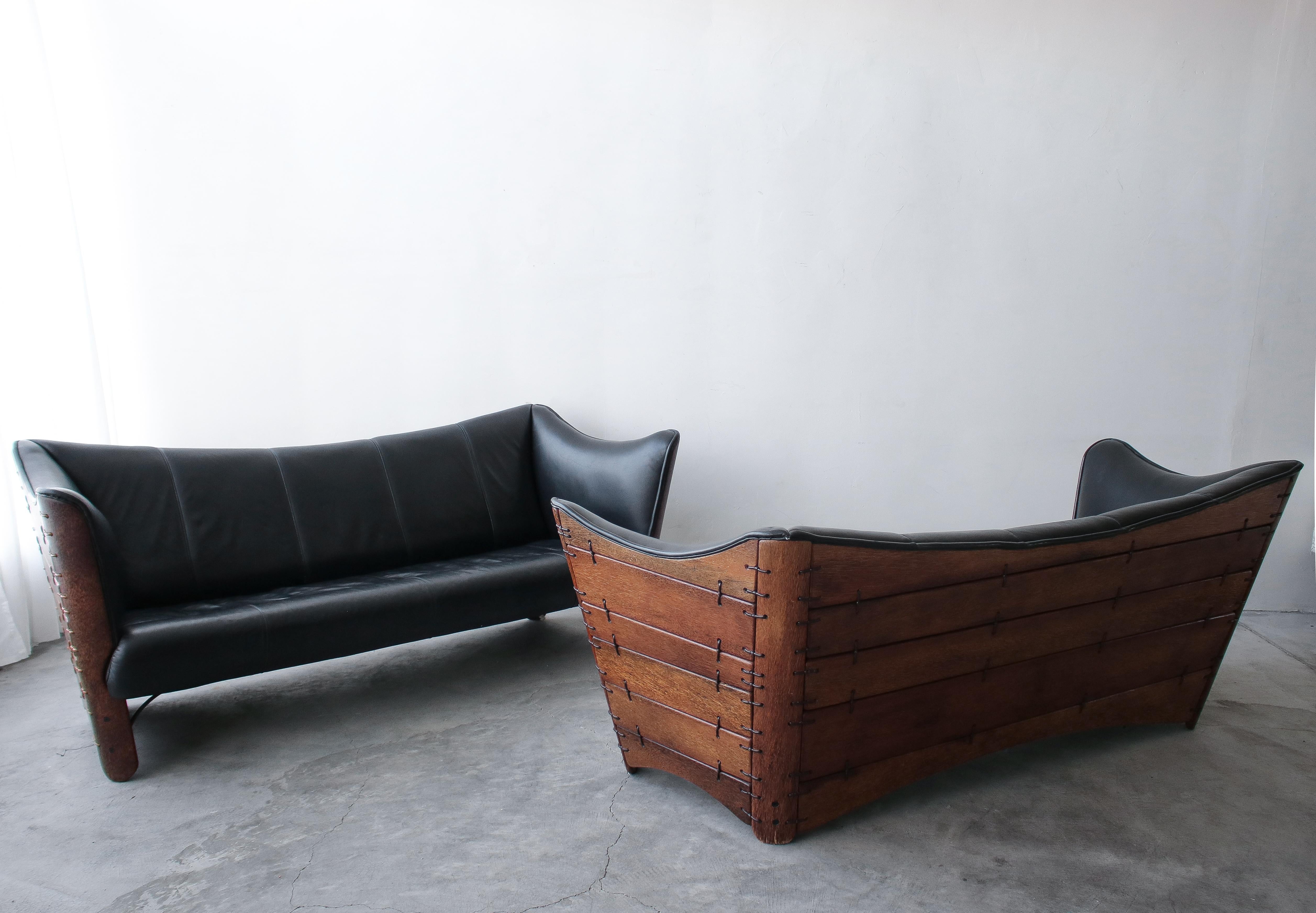 Pair of Pacific Green Palmwood and Leather Cayenne Sofas 1