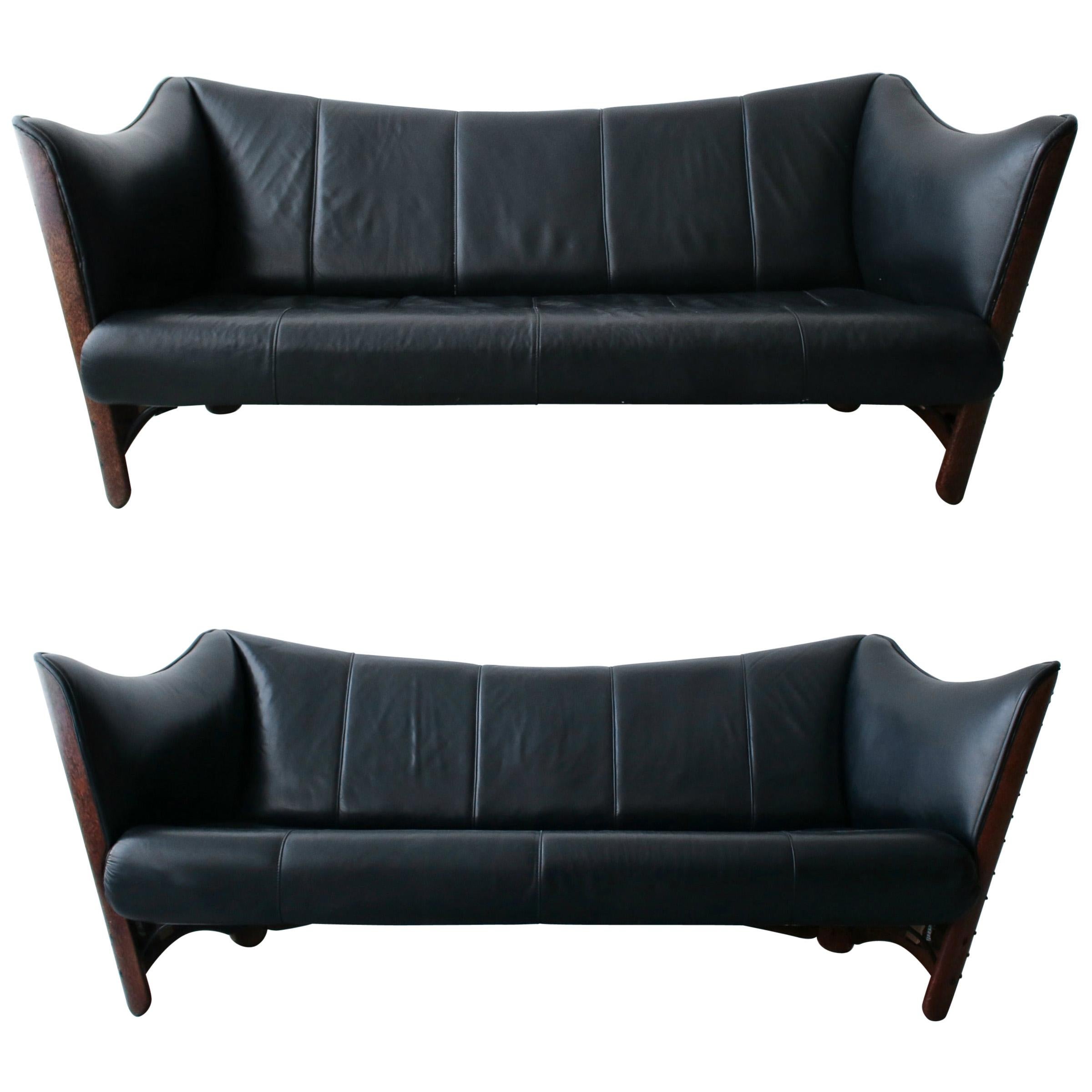 Pair of Pacific Green Palmwood and Leather Cayenne Sofas