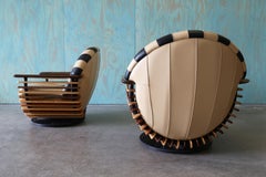 Pair of Pacific Green Palmwood and Leather Luxor Swivel Armchairs