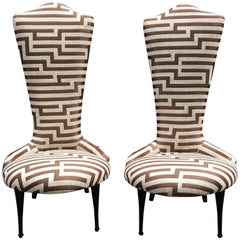 Vintage Pair of Padded Bedroom Chairs Newly Upholstered with Striped Fabric, 1950s