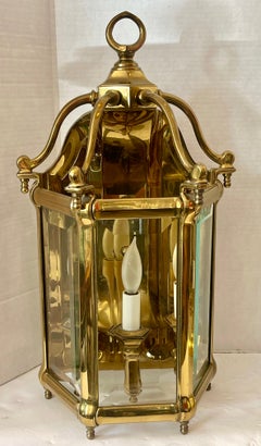 Pair of Pagoda, Heavy Bronze & Beveled Glass Three Lights Lanterns