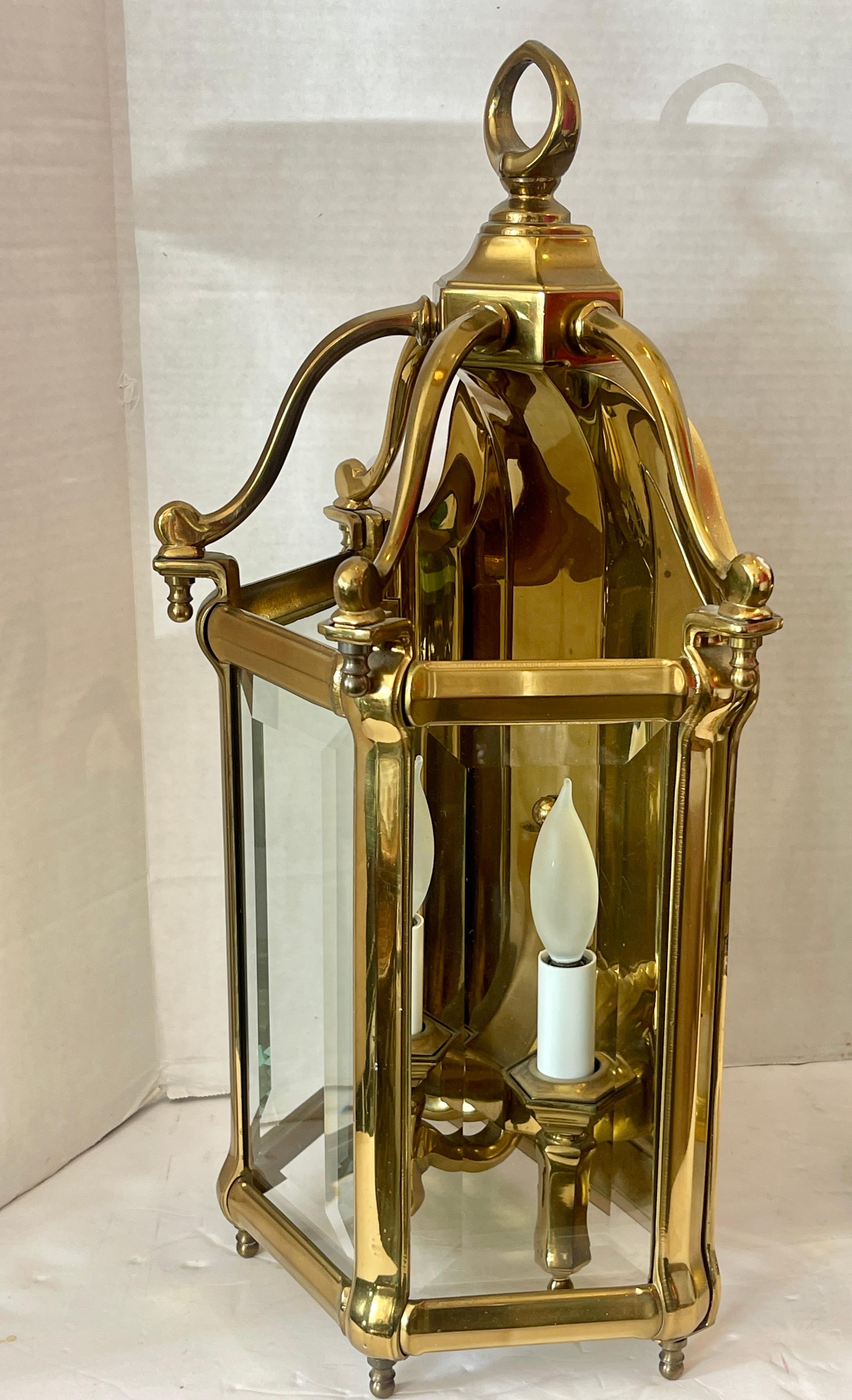 Hollywood Regency Pair of Pagoda, Heavy Bronze & Beveled Glass Three Lights Lanterns For Sale