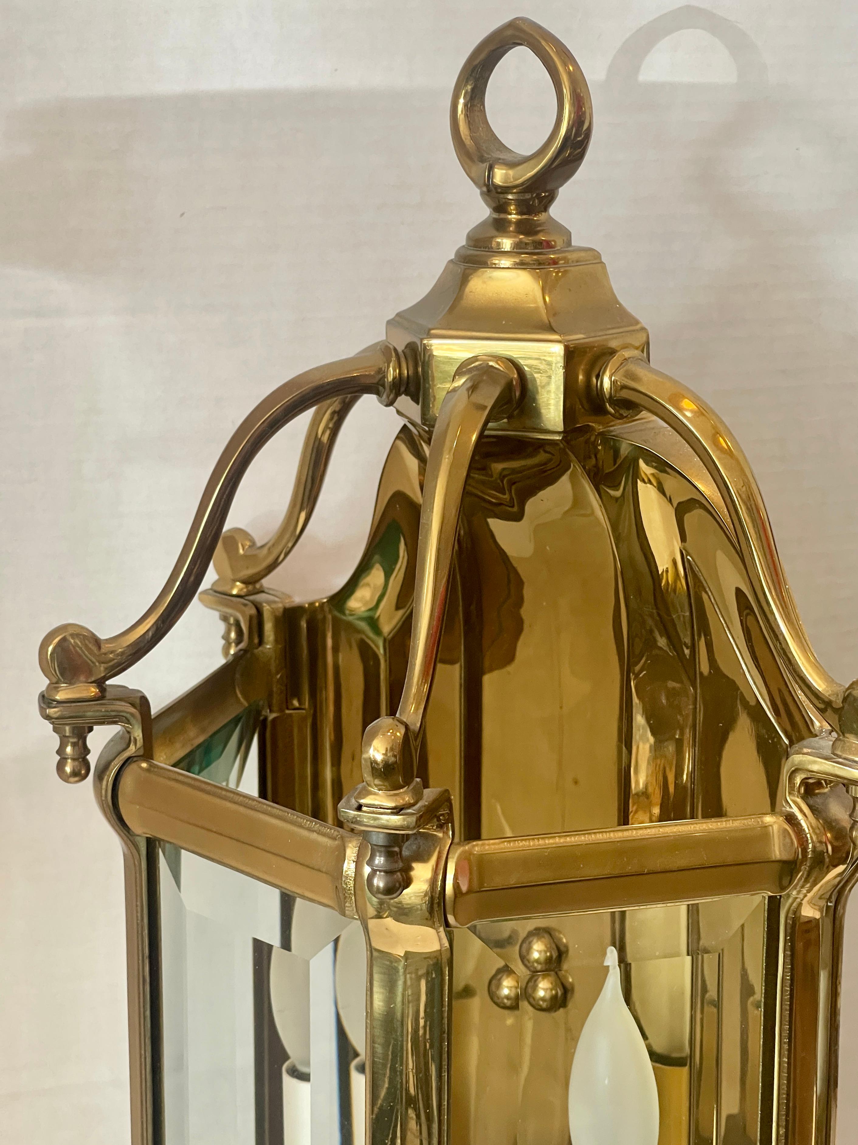 American Pair of Pagoda, Heavy Bronze & Beveled Glass Three Lights Lanterns For Sale