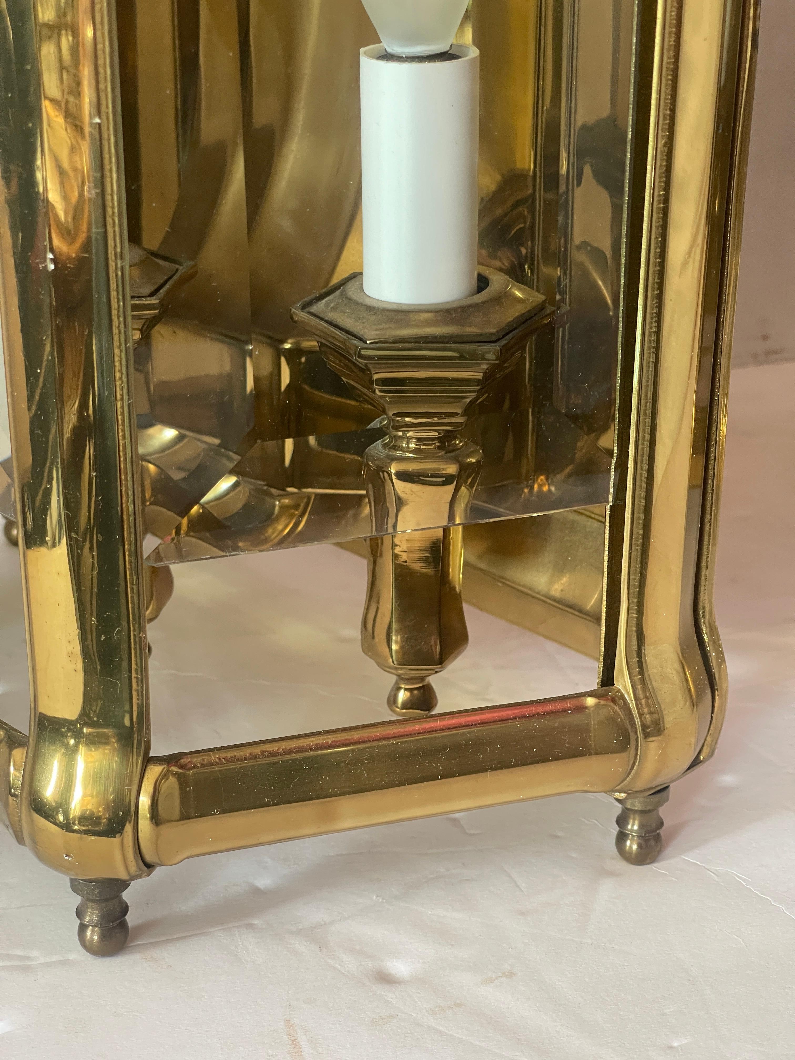 Hand-Crafted Pair of Pagoda, Heavy Bronze & Beveled Glass Three Lights Lanterns For Sale