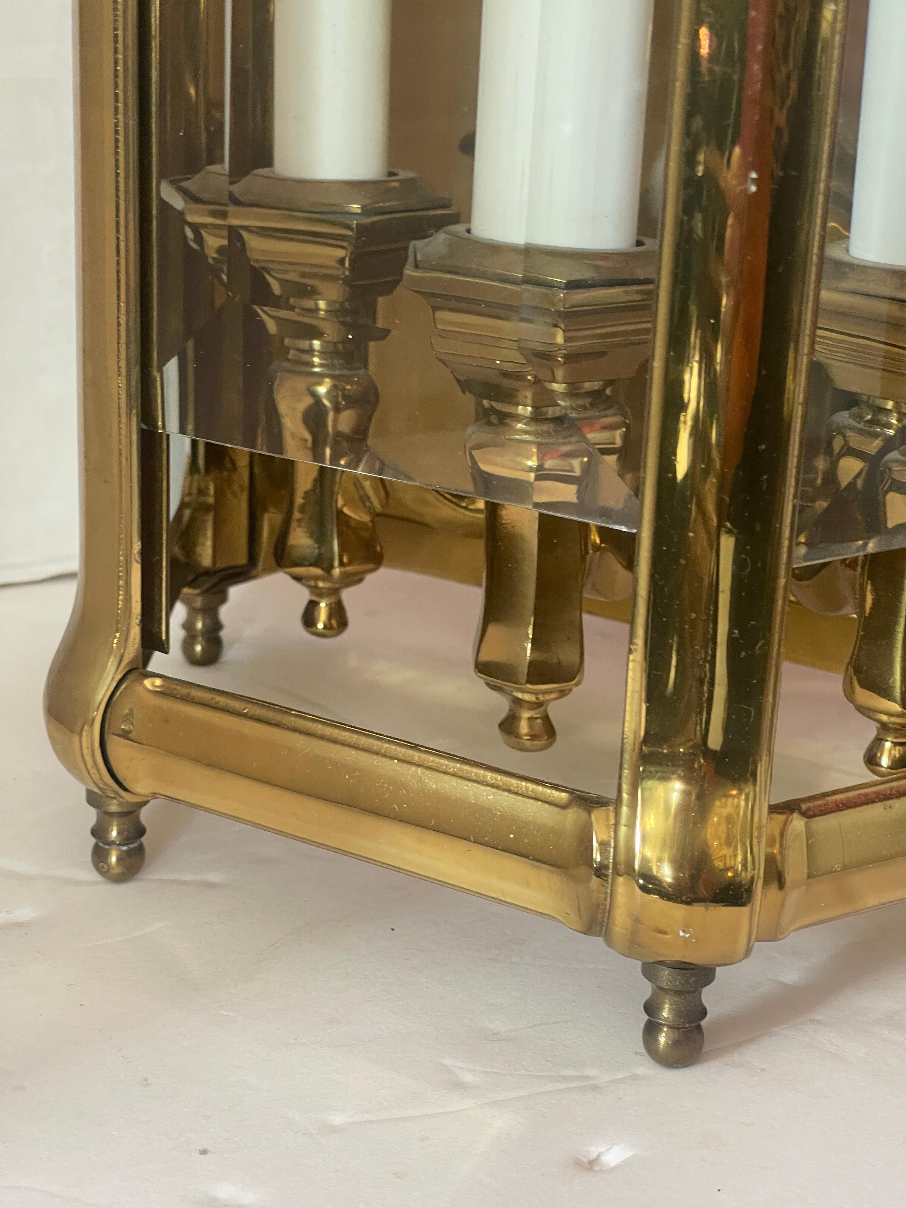 Mid-20th Century Pair of Pagoda, Heavy Bronze & Beveled Glass Three Lights Lanterns For Sale