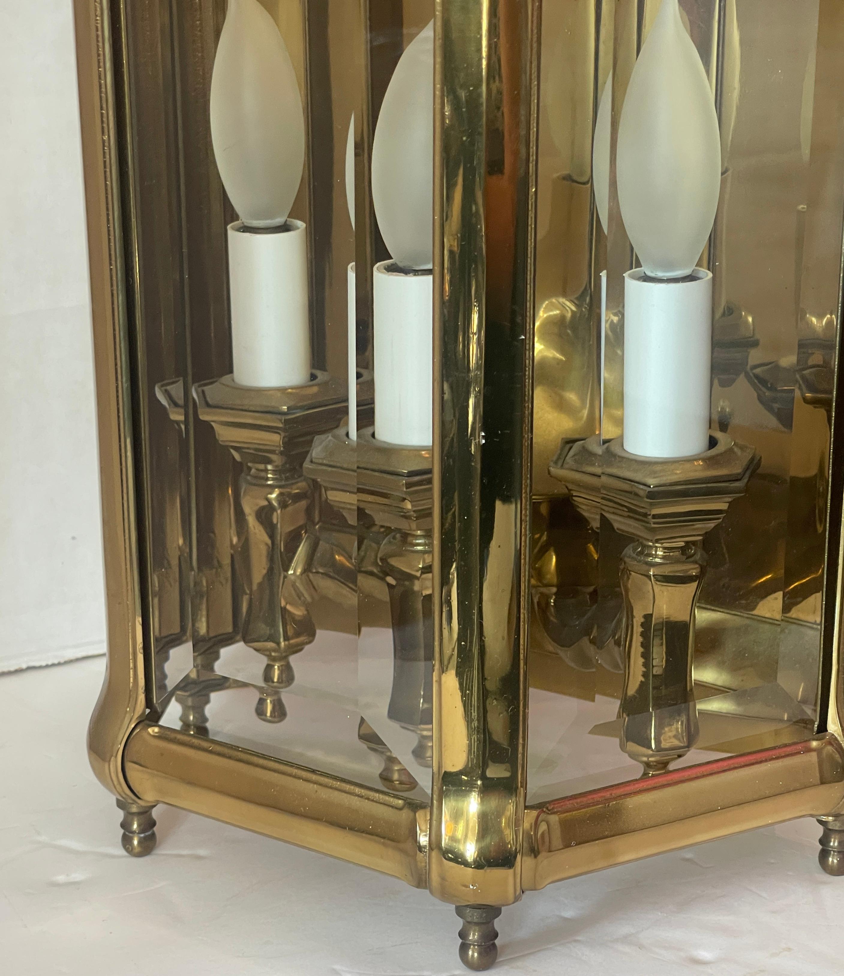 Pair of Pagoda, Heavy Bronze & Beveled Glass Three Lights Lanterns For Sale 1
