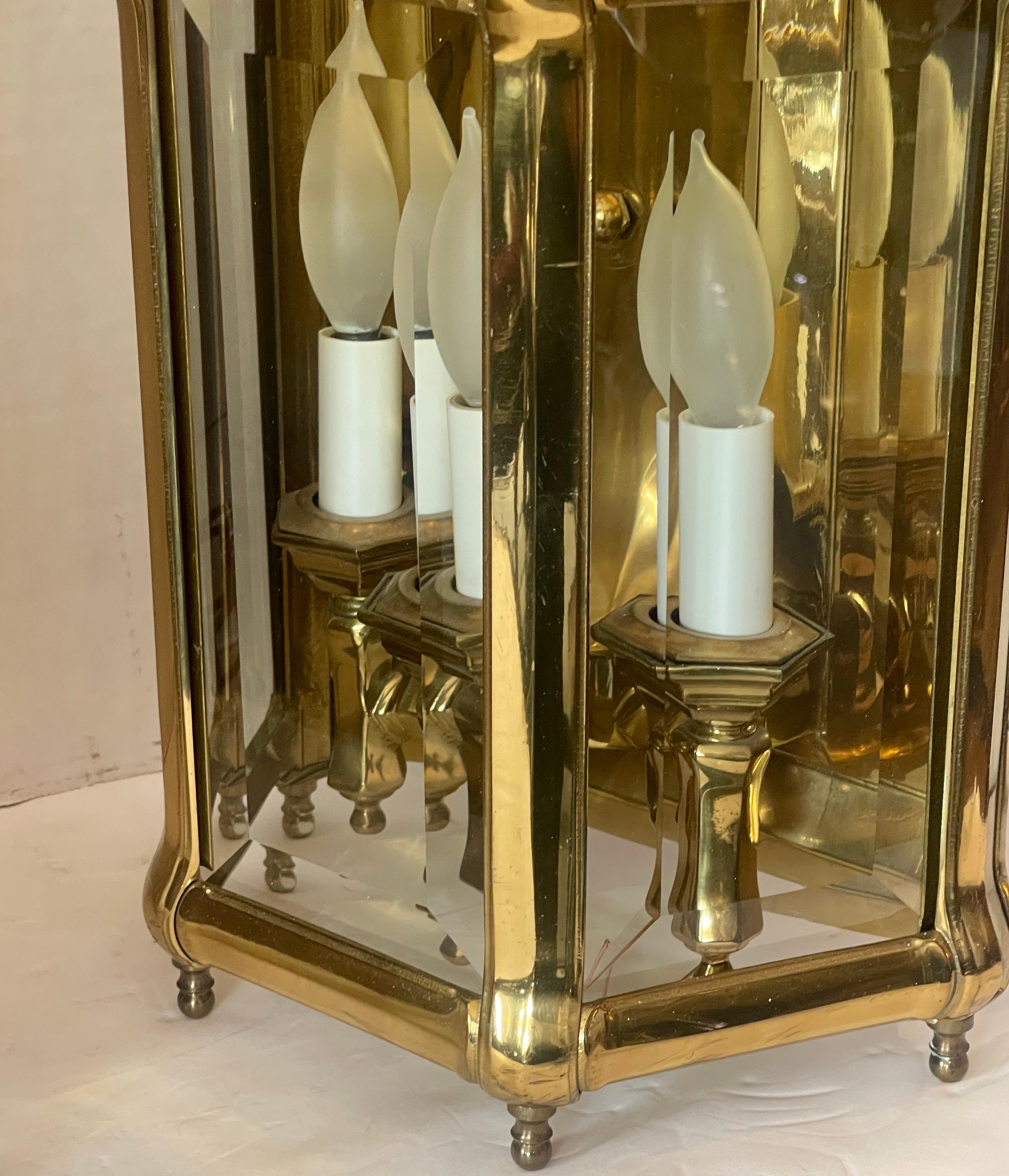 Pair of Pagoda, Heavy Bronze & Beveled Glass Three Lights Lanterns For Sale 2