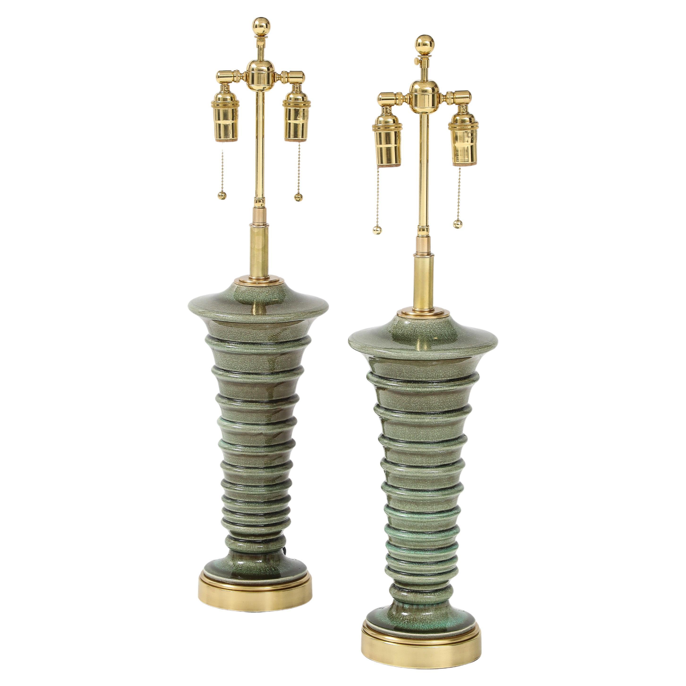 Pair of Pagoda Shaped Ceramic Lamps with a Beautiful Moss Glaze Finish.