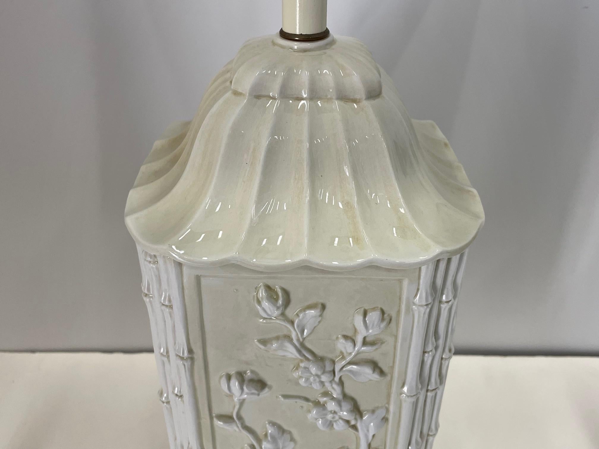 Pair of Pagoda Shaped Italian Ceramic Table Lamps with Bamboo and Flowers 3