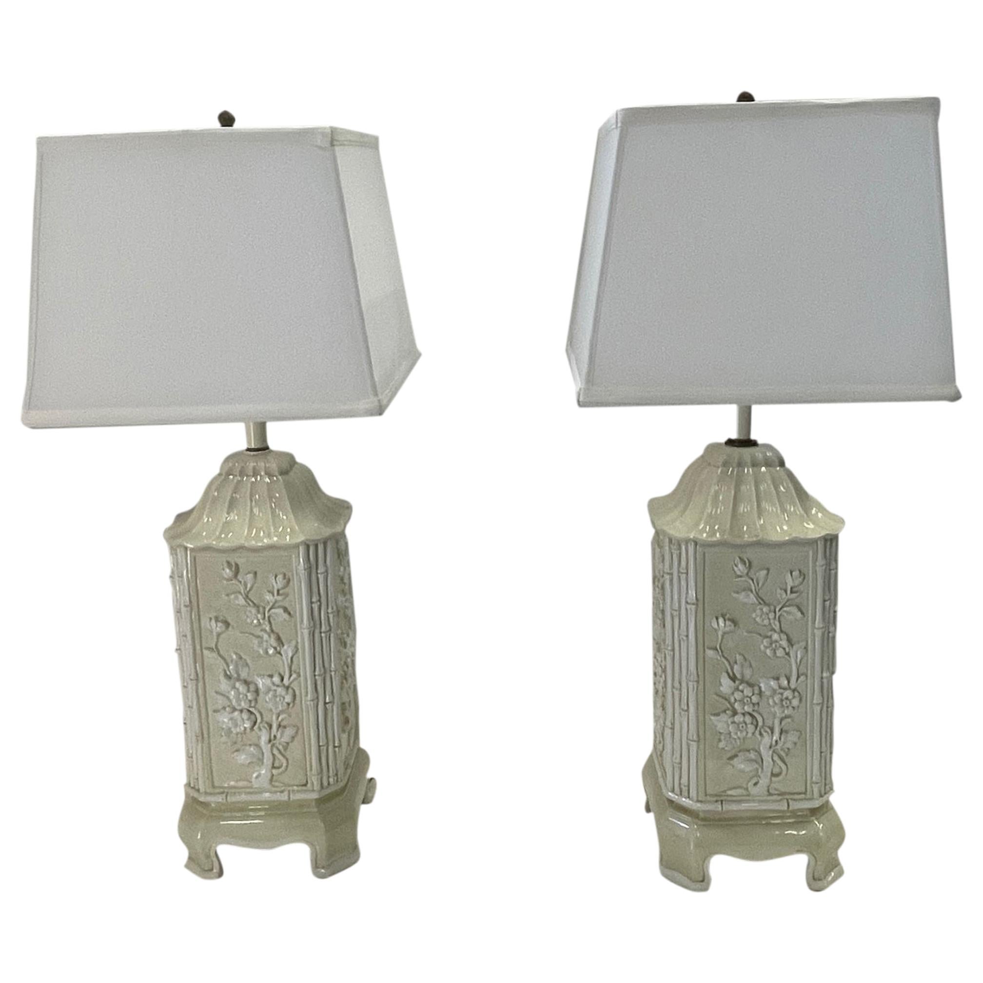 Pair of Pagoda Shaped Italian Ceramic Table Lamps with Bamboo and Flowers