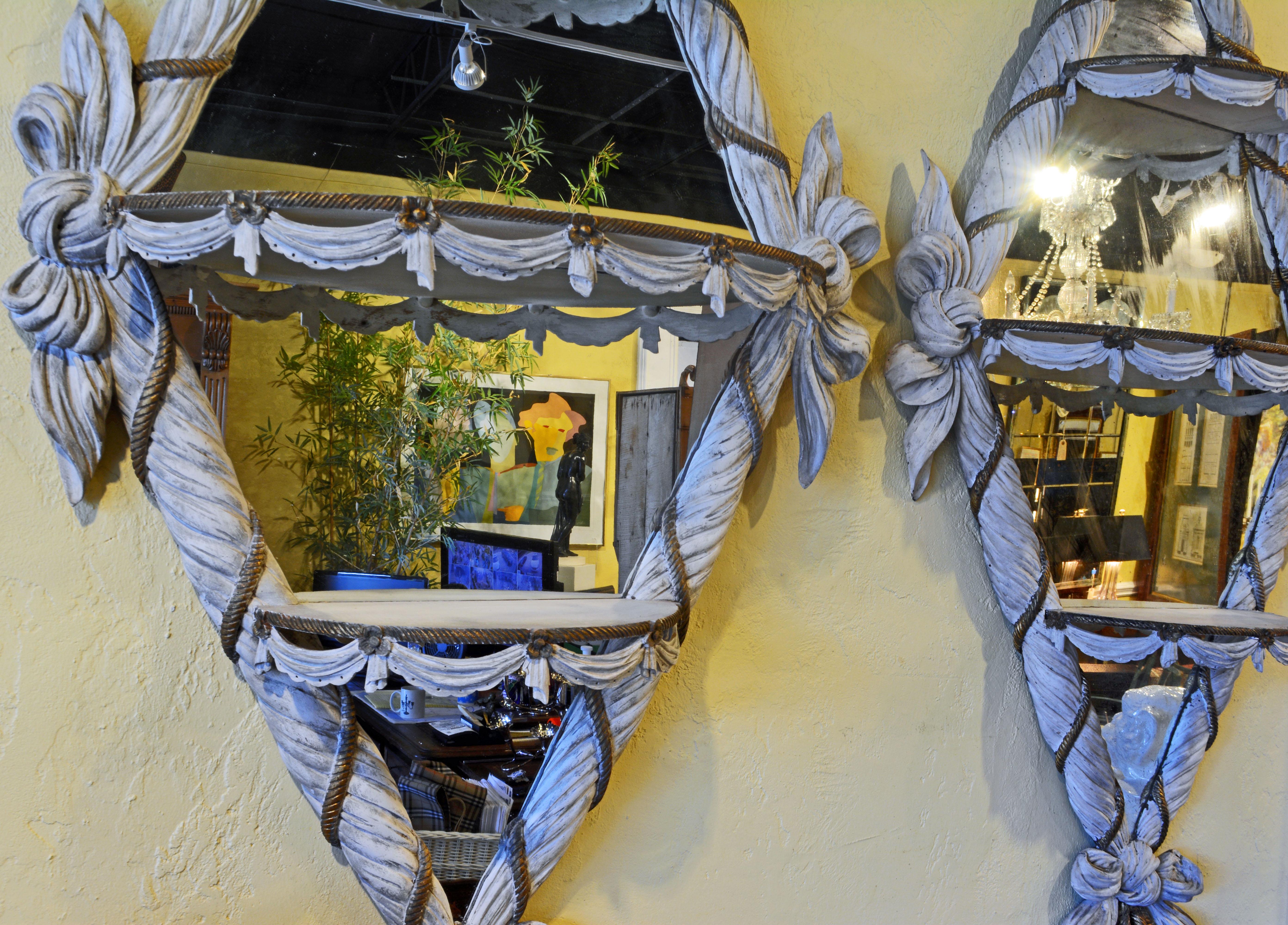 Pair of Paint and gilt Scarf carved Diamond Shape Mirrors with Demilune Shelves In Good Condition In Ft. Lauderdale, FL