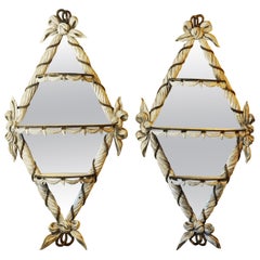 Pair of Paint and gilt Scarf carved Diamond Shape Mirrors with Demilune Shelves