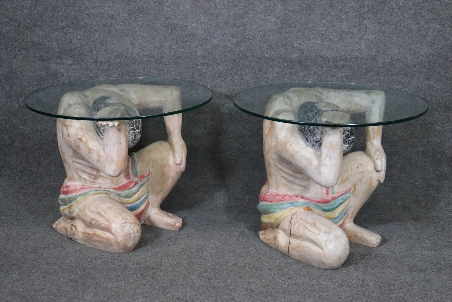 Regency Pair of Paint Decorated and Carved Figural Glass Top End Tables For Sale