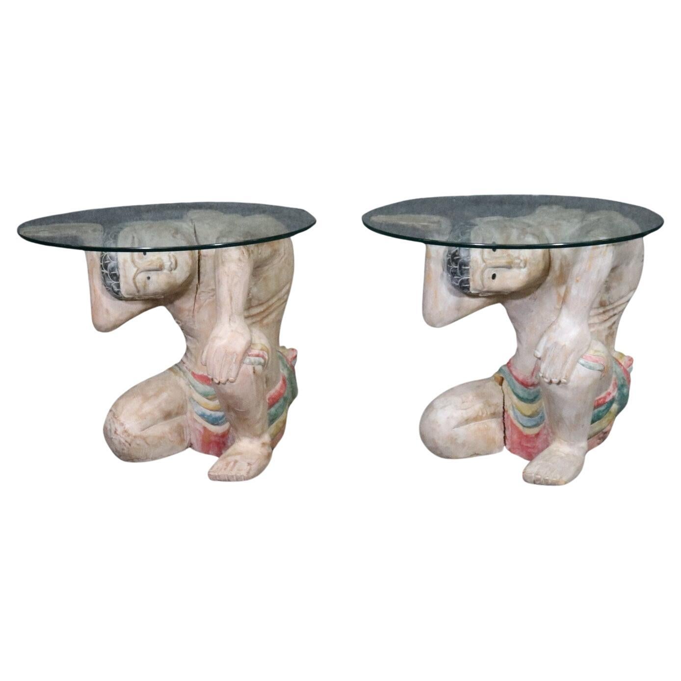 Pair of Paint Decorated and Carved Figural Glass Top End Tables For Sale