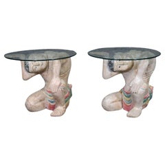 Pair of Paint Decorated and Carved Figural Glass Top End Tables
