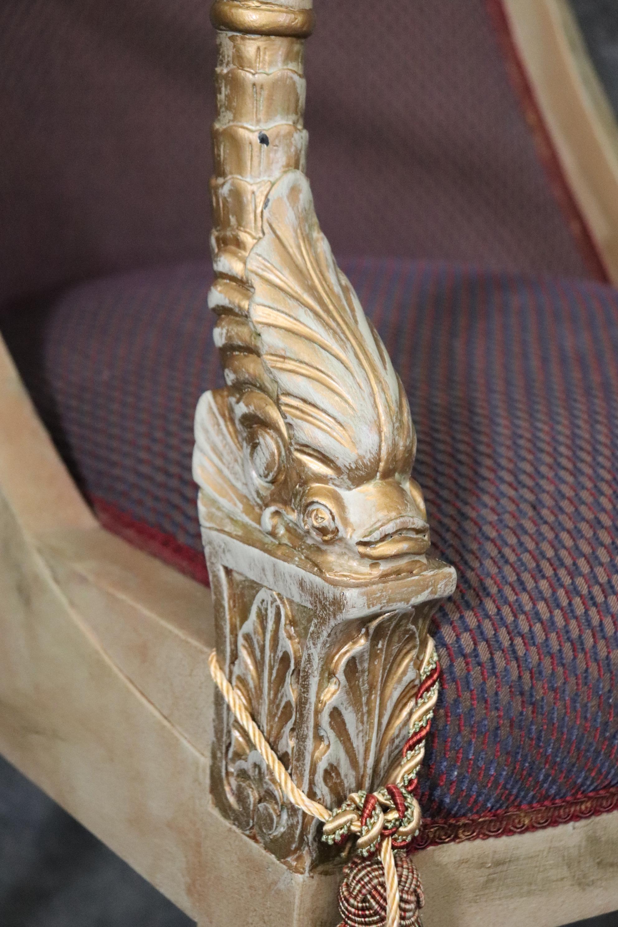Pair of Paint Decorated and Gilded Dolphin Head Neoclassical Bergere Chairs For Sale 2