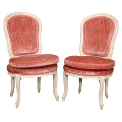 Pair of Paint Decorated Blush Velvet French Louis XV Side Chairs circa 1950