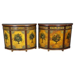 Pair of Paint Decorated Continental Demilune Italian Commodes Consoles