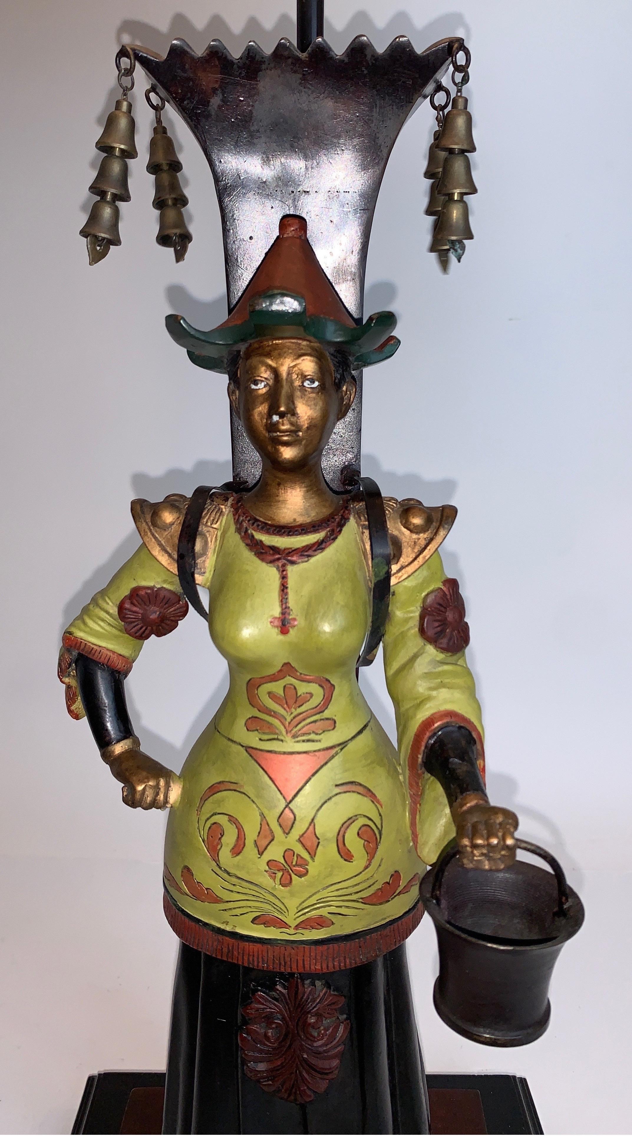 Metal Pair of Paint Decorated Figural Tole Lamps on Wood Bases