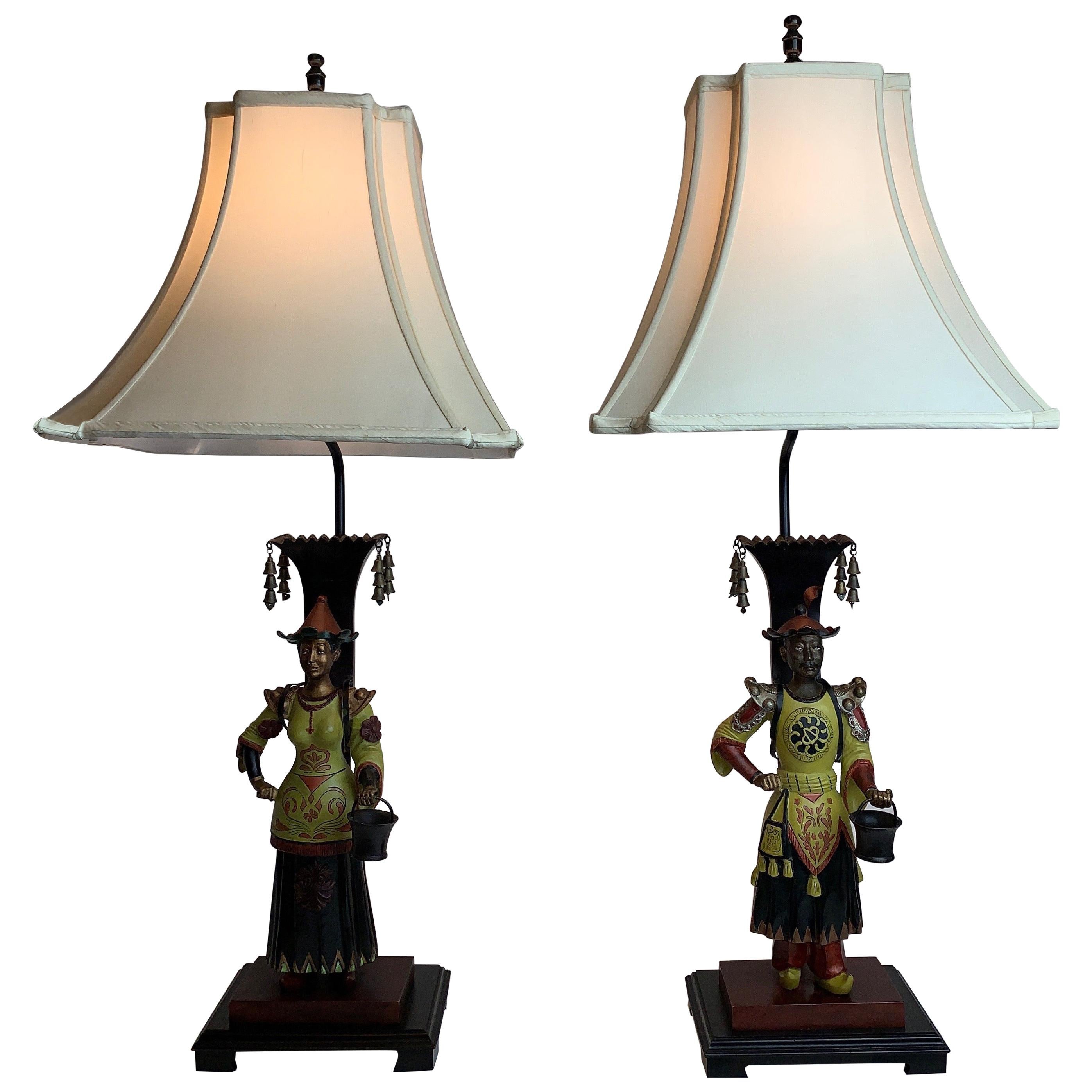 Pair of Paint Decorated Figural Tole Lamps on Wood Bases