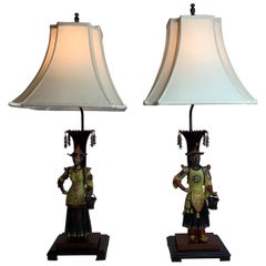 Pair of Paint Decorated Figural Tole Lamps on Wood Bases