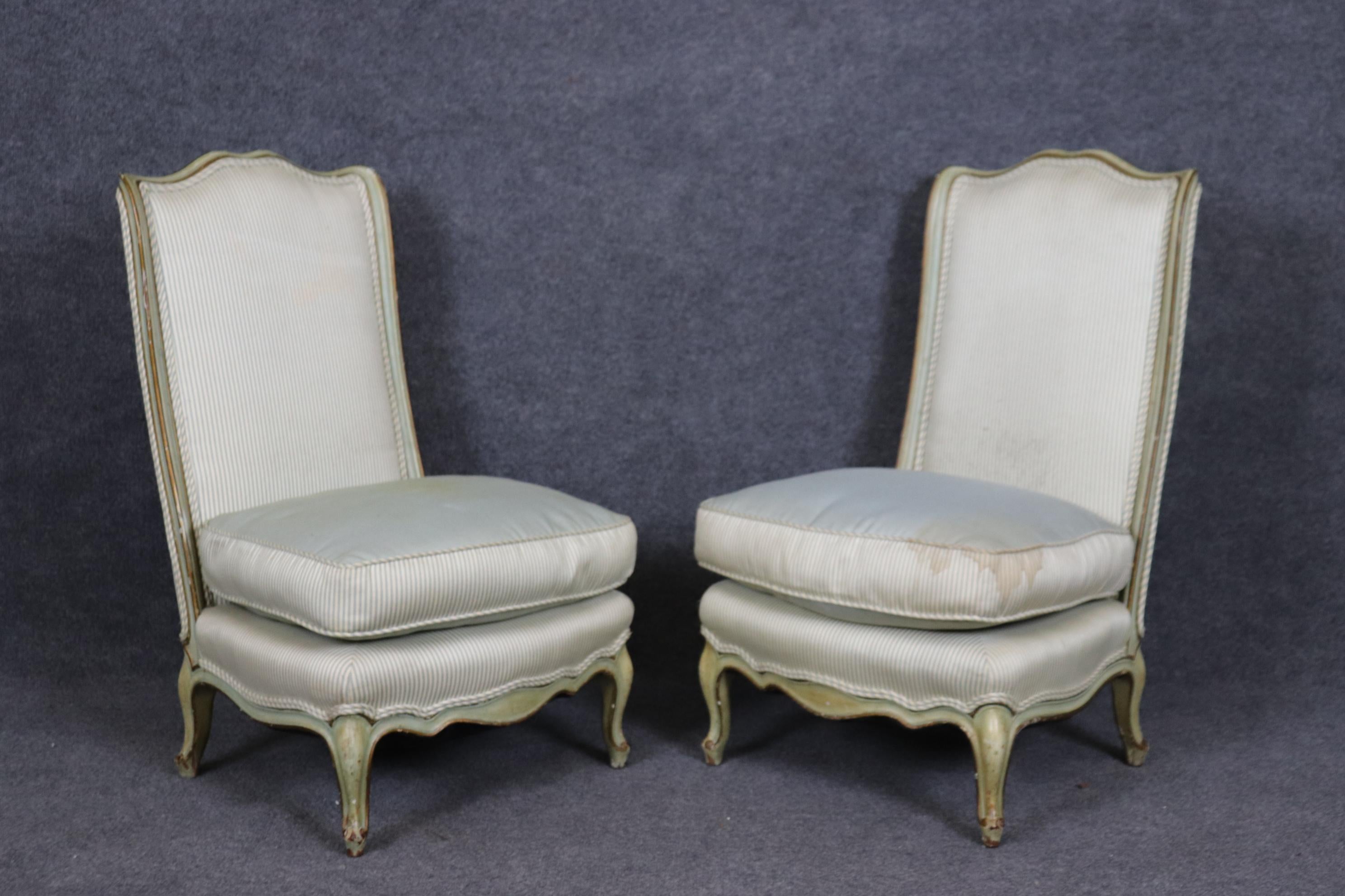 Pair of Paint Decorated French Louis XV Boudoir Slipper Chairs Circa 1920 In Good Condition For Sale In Swedesboro, NJ