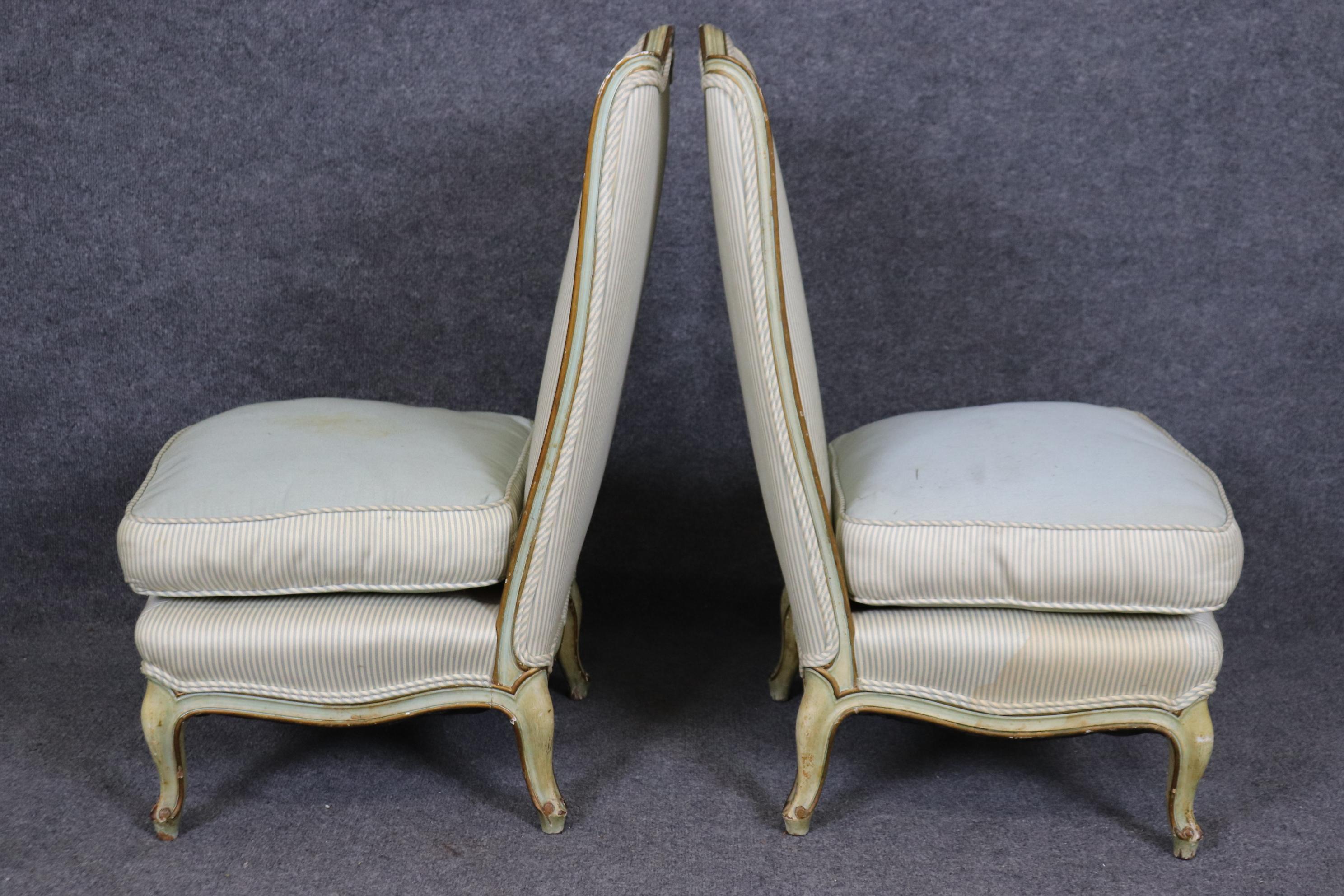 Walnut Pair of Paint Decorated French Louis XV Boudoir Slipper Chairs Circa 1920 For Sale