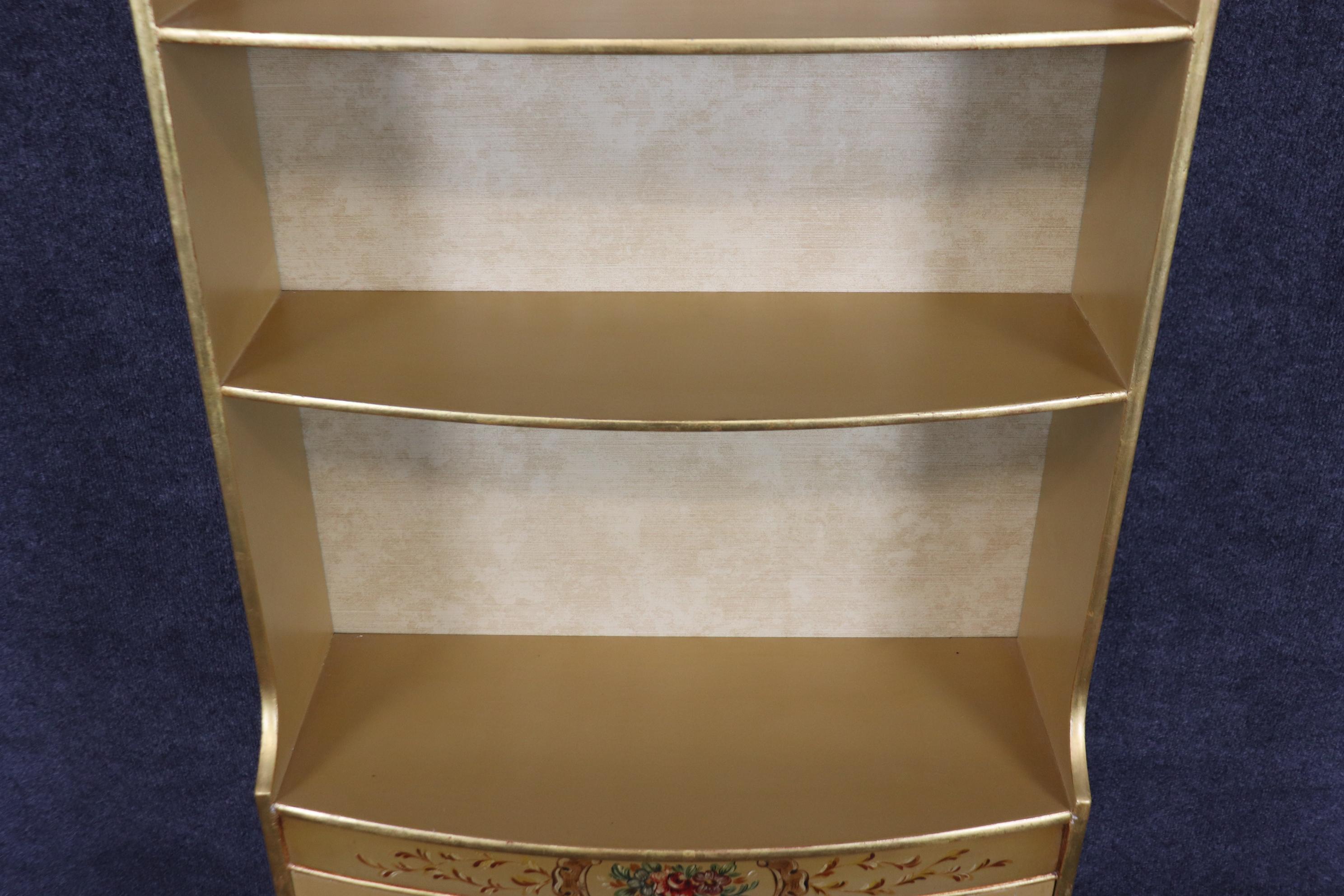 Pair of Paint Decorated Gilded Venetian Style Open Bookcases of Shallow Depth For Sale 6