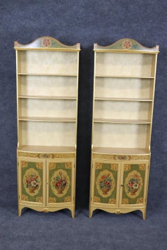 Pair of Paint Decorated Gilded Venetian Style Open Bookcases of Shallow Depth