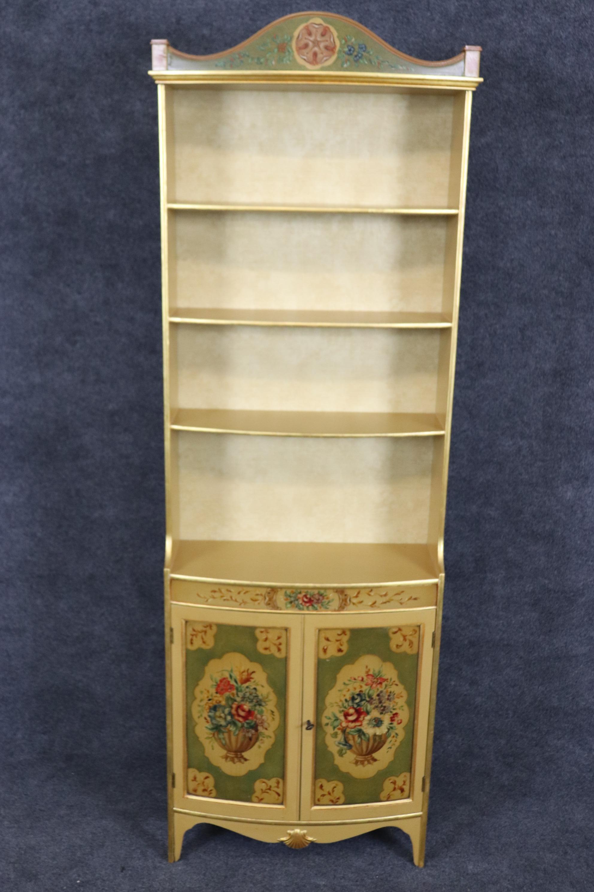 Regency Revival Pair of Paint Decorated Gilded Venetian Style Open Bookcases of Shallow Depth For Sale