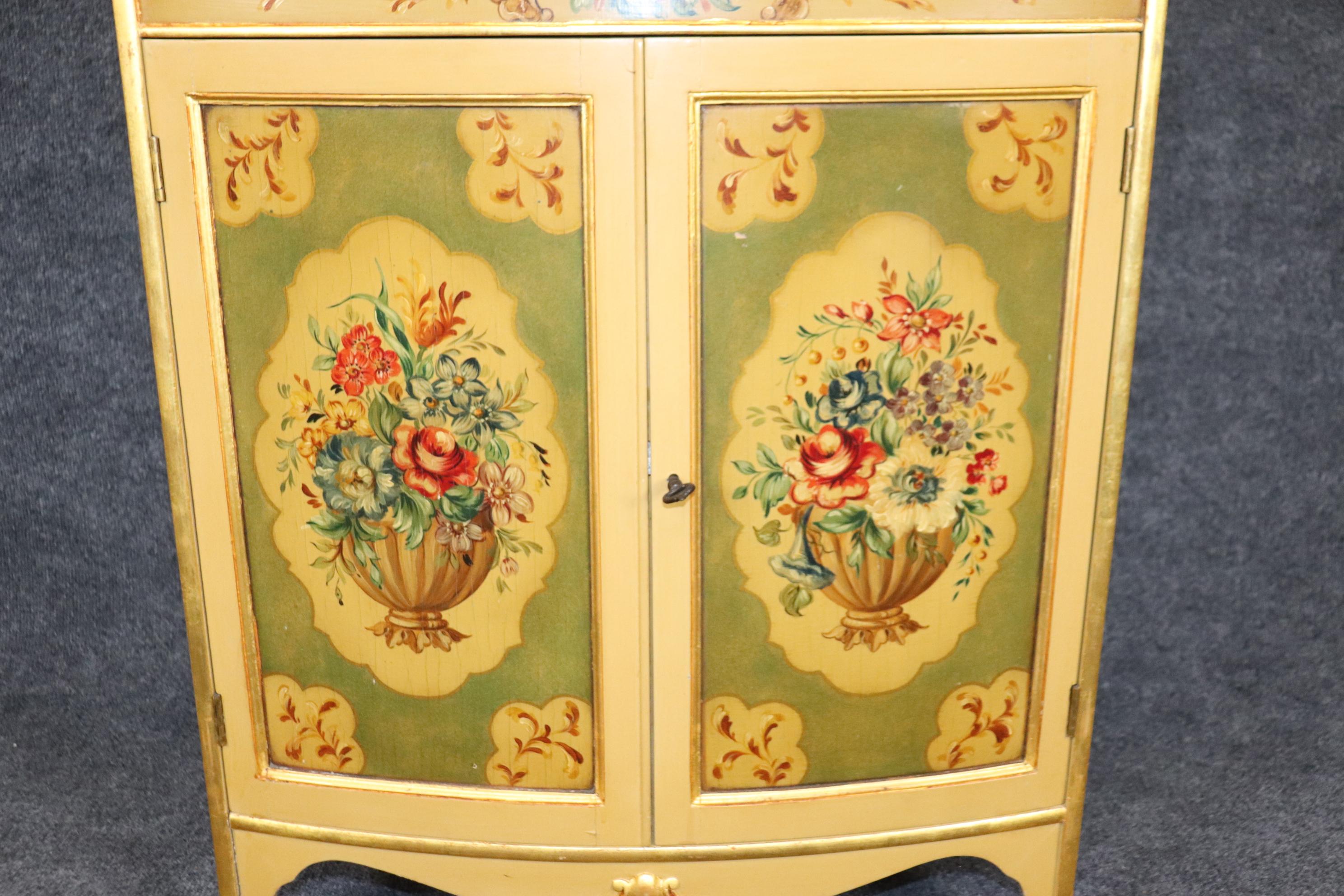 Pair of Paint Decorated Gilded Venetian Style Open Bookcases of Shallow Depth In Good Condition For Sale In Swedesboro, NJ