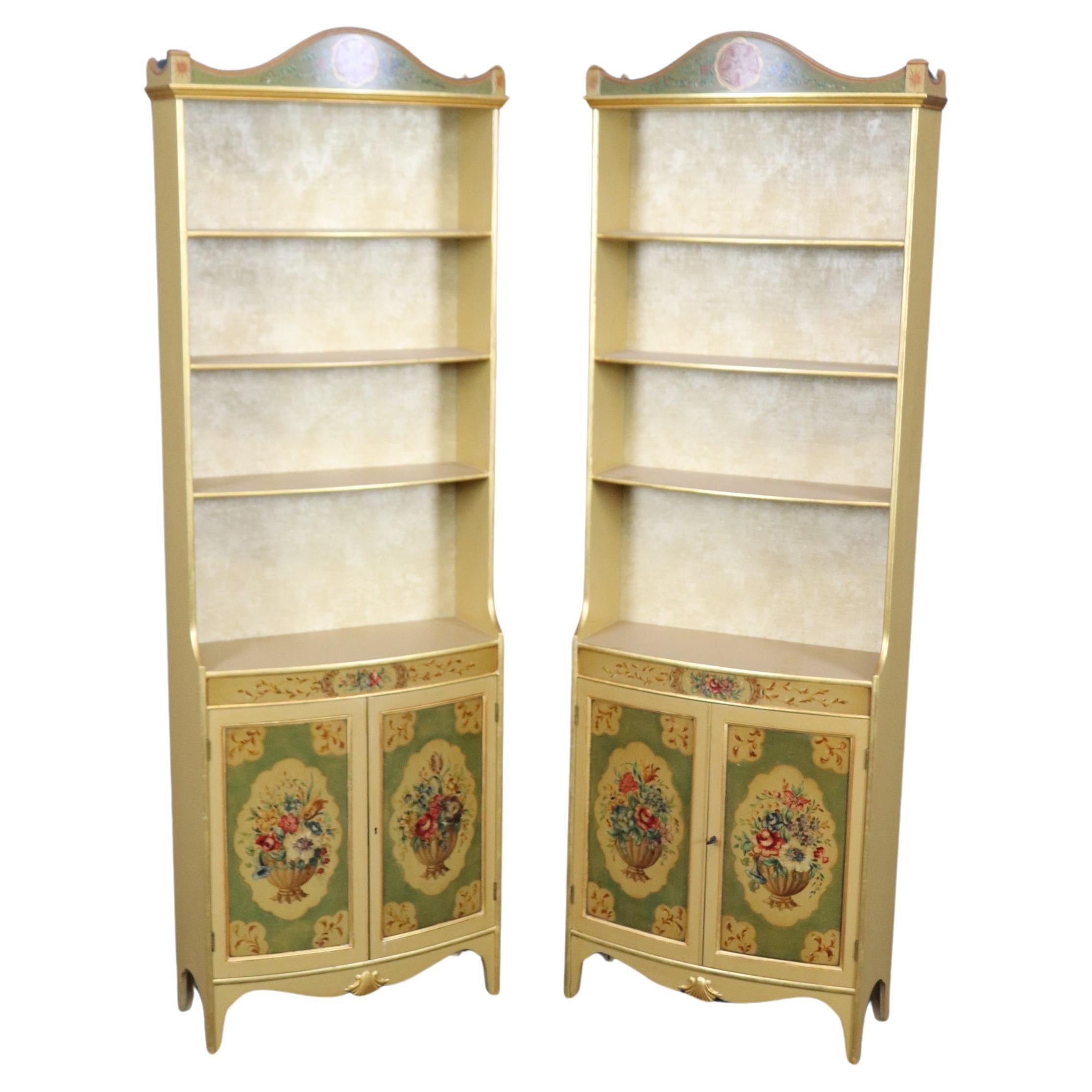 Pair of Paint Decorated Gilded Venetian Style Open Bookcases of Shallow Depth For Sale