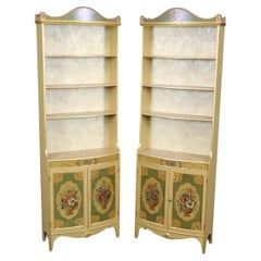 Retro Pair of Paint Decorated Gilded Venetian Style Open Bookcases of Shallow Depth