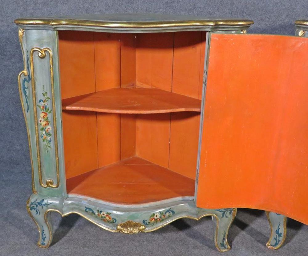Walnut Pair of Paint Decorated Italian Venetian Corner Cabinets Pedestals, Circa 1920