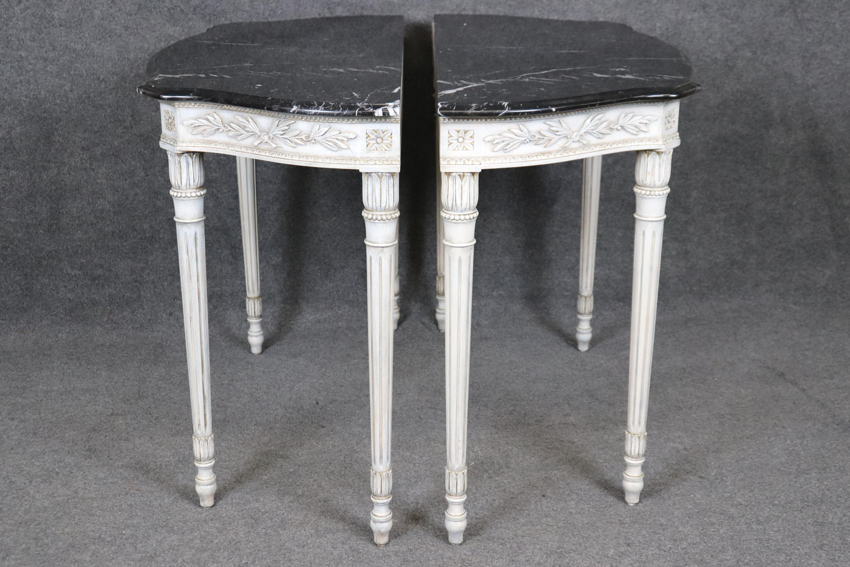 European Pair of Paint Decorated Marble Top French Louis XVI Style Console Tables For Sale
