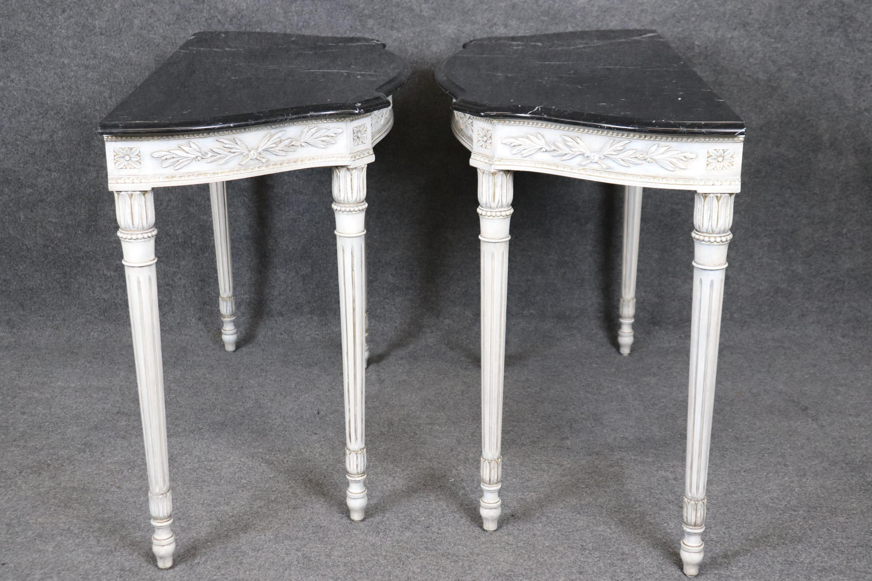Pair of Paint Decorated Marble Top French Louis XVI Style Console Tables In Good Condition For Sale In Swedesboro, NJ