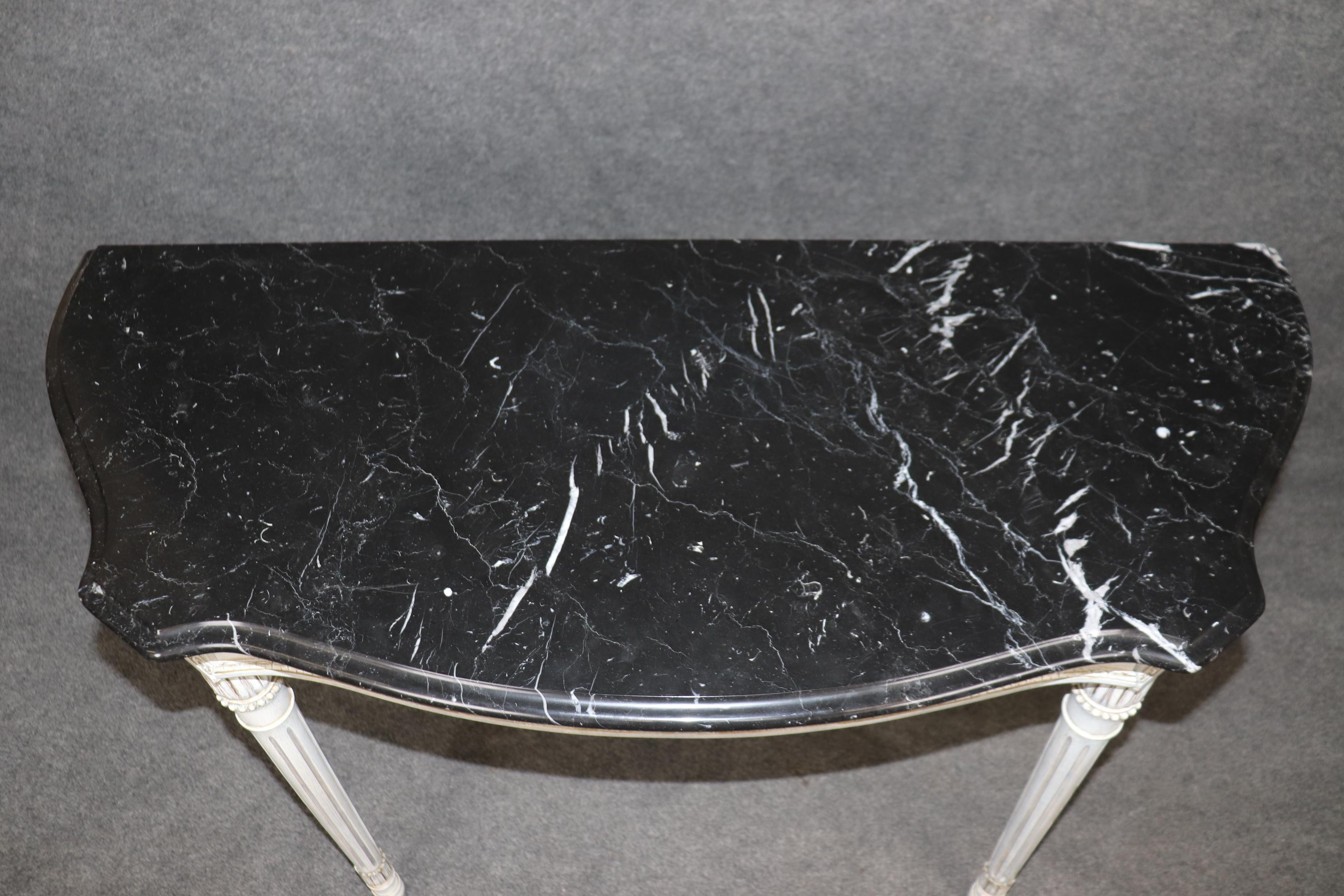 Late 20th Century Pair of Paint Decorated Marble Top French Louis XVI Style Console Tables For Sale