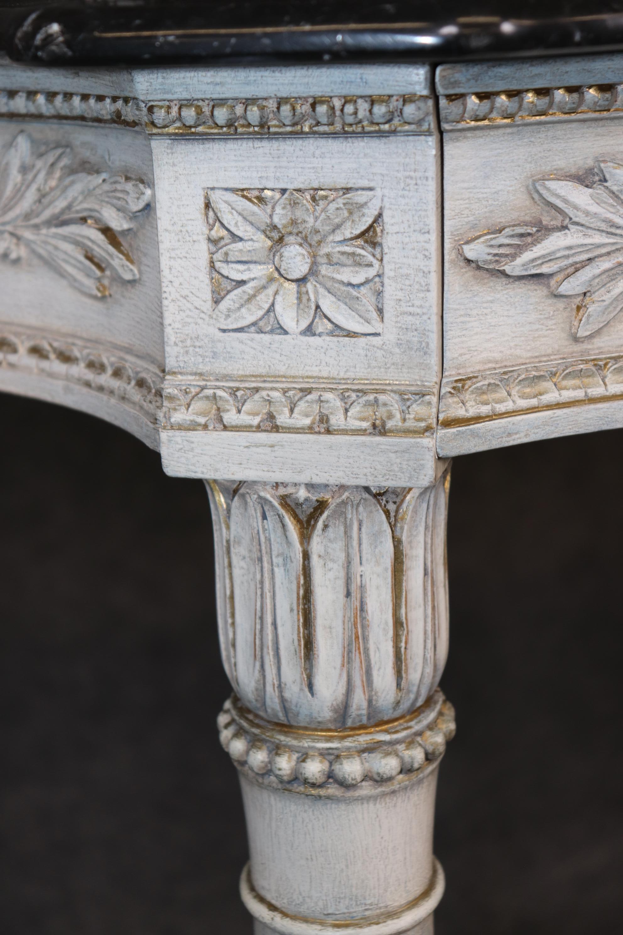 Pair of Paint Decorated Marble Top French Louis XVI Style Console Tables For Sale 1