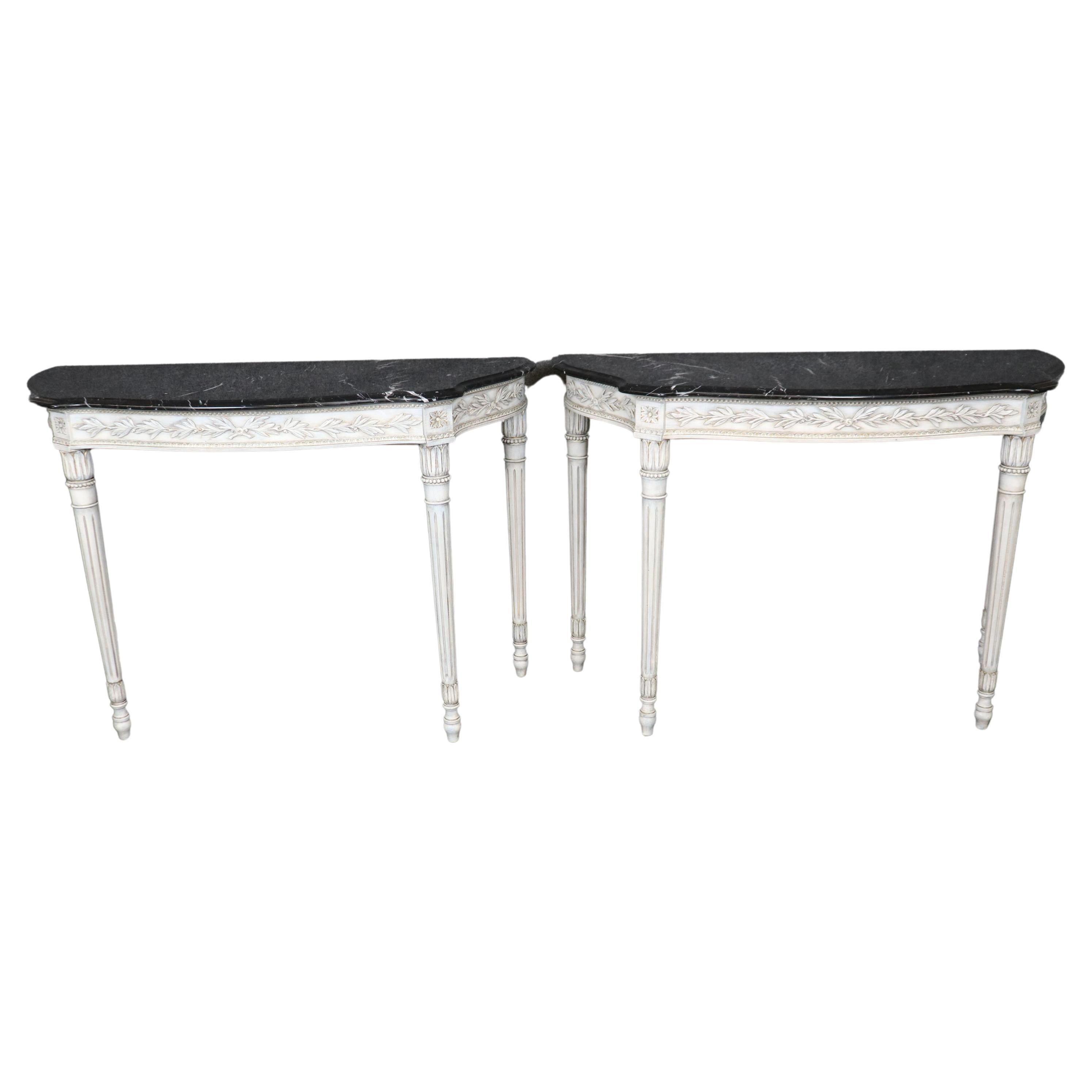 Pair of Paint Decorated Marble Top French Louis XVI Style Console Tables