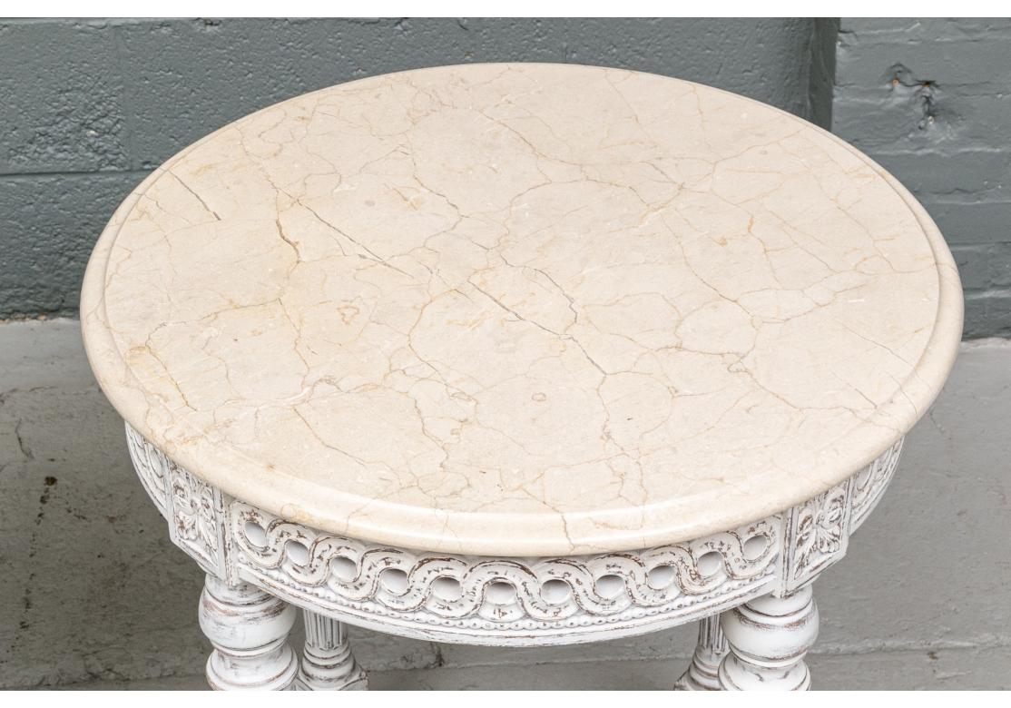 Hollywood Regency Pair of Paint Decorated Round Side Tables with Marble Tops For Sale