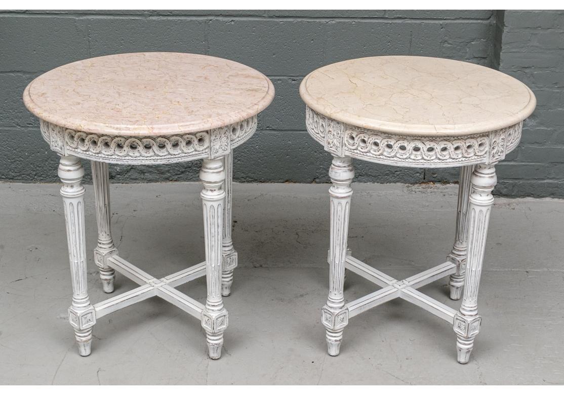 20th Century Pair of Paint Decorated Round Side Tables with Marble Tops For Sale