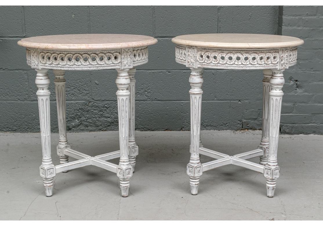 Pair of Paint Decorated Round Side Tables with Marble Tops For Sale 1
