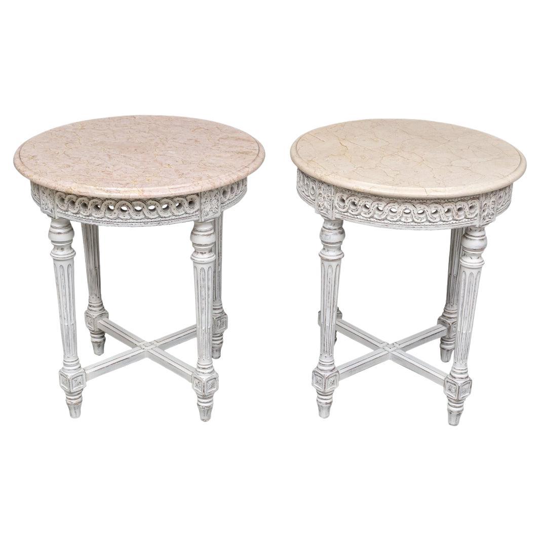Pair of Paint Decorated Round Side Tables with Marble Tops For Sale
