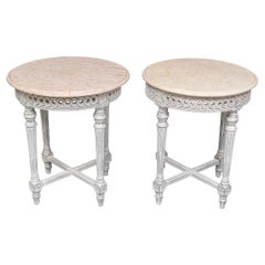 Vintage Pair of Paint Decorated Round Side Tables with Marble Tops