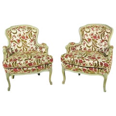 Pair of Paint Decorated Velvet Upholstered French Louis XV Bergere Chairs 