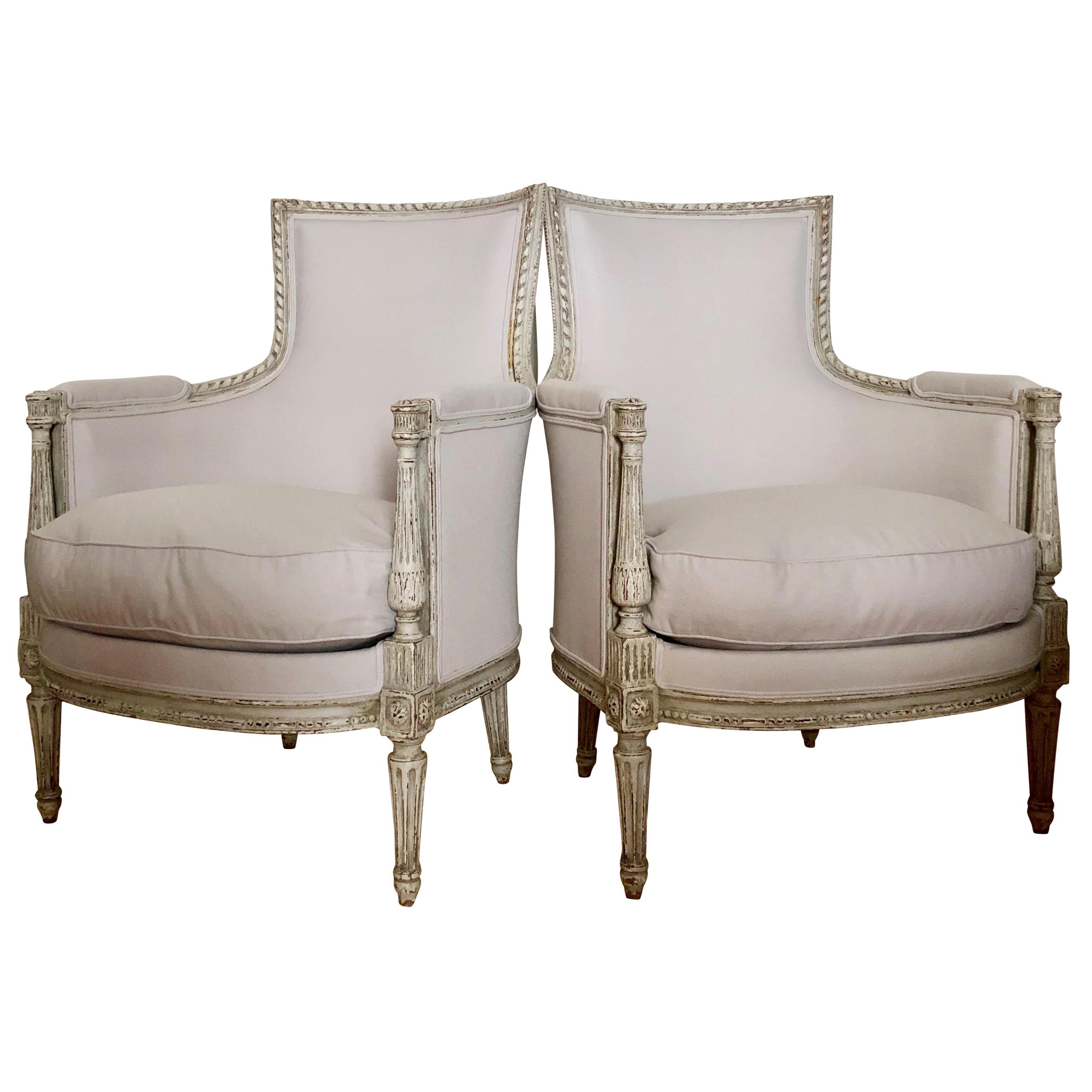 Pair of Painted 19th Century French Directoire Style Bergères