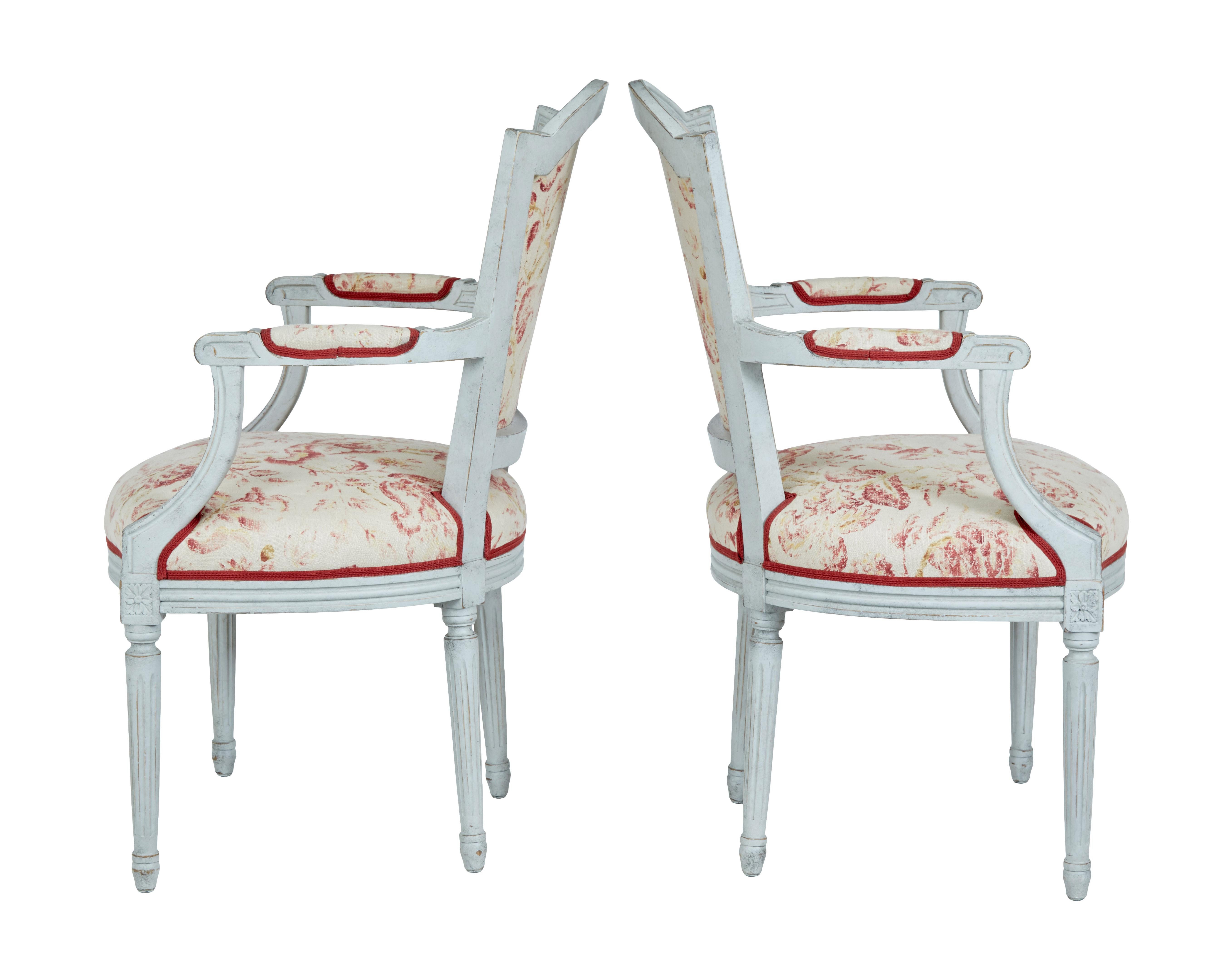 Pair of painted 19th century Swedish shield back armchairs circa 1870.

Good quality pair of Scandinavian armchairs. Shield back shaped back rest, carved arms with acanthus leaf detail. Standing on 4 fluted legs.

Later light grey paint which