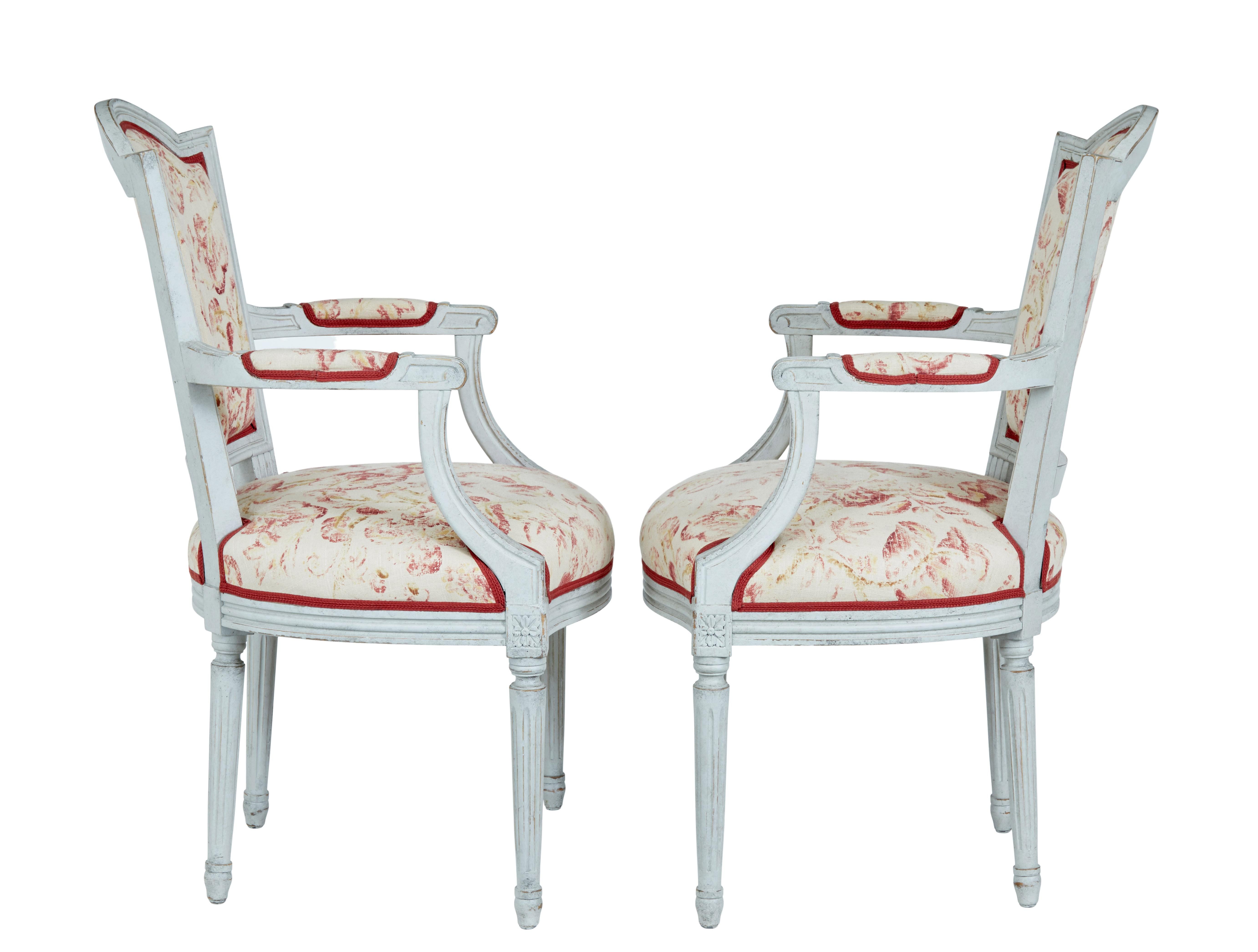Hand-Carved Pair of Painted 19th Century Swedish Shield Back Armchairs